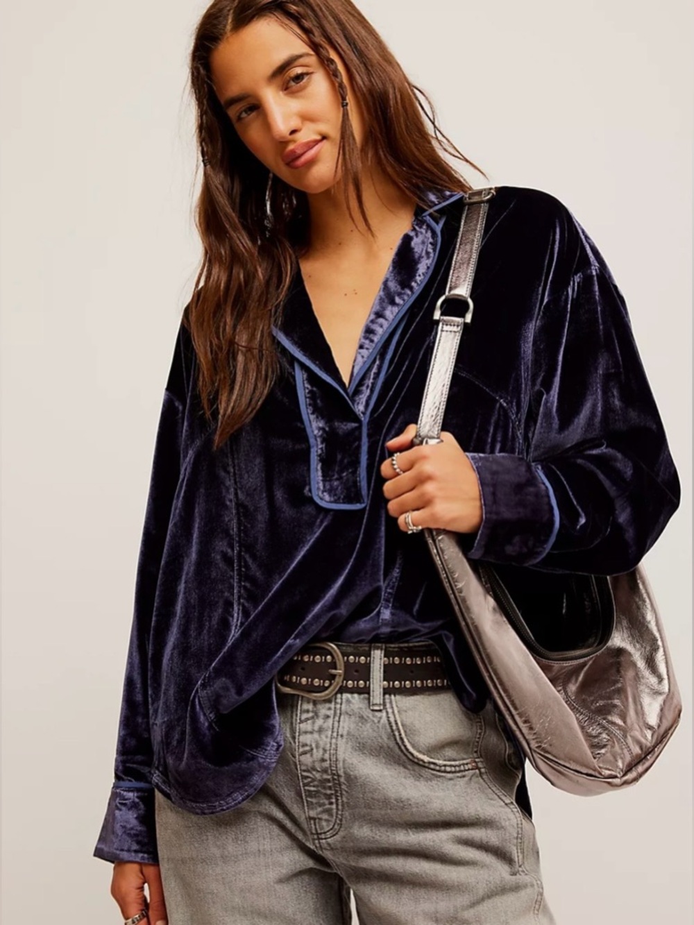 We The Free Luxy Solid Velvet Shirt Night Sky Blue/Navy Large